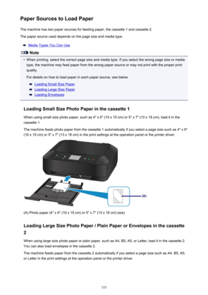 Page 153Paper Sources to Load PaperThe machine has two paper sources for feeding paper, the cassette 1 and cassette 2.The paper source used depends on the page size and media type.
Media Types You Can Use
Note
•
When printing, select the correct page size and media type. If you select the wrong page size or mediatype, the machine may feed paper from the wrong paper source or may not print with the proper print
quality.
For details on how to load paper in each paper source, see below.
Loading Small Size Paper...