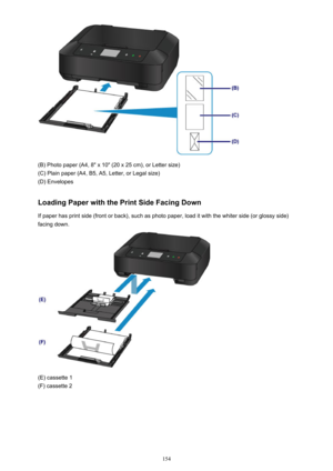 Page 154(B) Photo paper (A4, 8" x 10" (20 x 25 cm), or Letter size)
(C) Plain paper (A4, B5, A5, Letter, or Legal size)
(D) Envelopes
Loading Paper with the Print Side Facing Down
If paper has print side (front or back), such as photo paper, load it with the whiter side (or glossy side) facing down.
(E) cassette 1
(F) cassette 2
154 