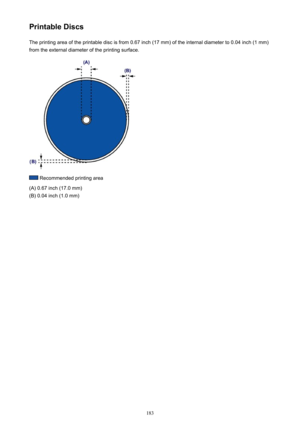 Page 183Printable DiscsThe printing area of the printable disc is from 0.67 inch (17 mm) of the internal diameter to 0.04 inch (1 mm)
from the external diameter of the printing surface.
 Recommended printing area
(A) 0.67 inch (17.0 mm)
(B) 0.04 inch (1.0 mm)
183 