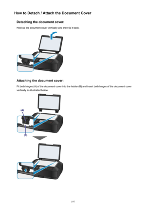 Page 197How to Detach / Attach the Document CoverDetaching the document cover:Hold up the document cover vertically and then tip it back.
Attaching the document cover: Fit both hinges (A) of the document cover into the holder (B) and insert both hinges of the document cover
vertically as illustrated below.
197 