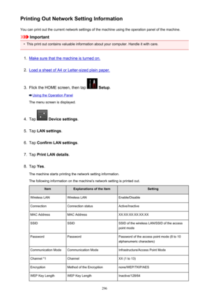 Page 296Printing Out Network Setting InformationYou can print out the current network settings of the machine using the operation panel of the machine.
Important
•
This print out contains valuable information about your computer. Handle it with care.
1.
Make sure that the machine is turned on.
2.
Load a sheet of A4 or Letter-sized plain paper.
3.
Flick the HOME screen, then tap   Setup .
Using the Operation Panel
The menu screen is displayed.
4.
Tap   Device settings .
5.
Tap LAN settings .
6.
Tap Confirm LAN...