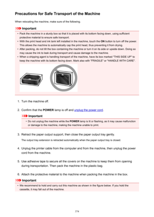 Page 374Precautions for Safe Transport of the MachineWhen relocating the machine, make sure of the following.
Important
•
Pack the machine in a sturdy box so that it is placed with its bottom facing down, using sufficientprotective material to ensure safe transport.
•
With the print head and ink tank left installed in the machine, touch the  ON button to turn off the power.
This allows the machine to automatically cap the print head, thus preventing it from drying.
•
After packing, do not tilt the box containing...