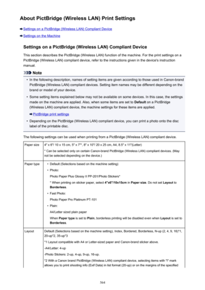 Page 564About PictBridge (Wireless LAN) Print Settings
Settings on a PictBridge (Wireless LAN) Compliant Device
Settings on the MachineSettings on a PictBridge (Wireless LAN) Compliant DeviceThis section describes the PictBridge (Wireless LAN) function of the machine. For the print settings on a
PictBridge (Wireless LAN) compliant device, refer to the instructions given in the device's instruction
manual.
Note
•
In the following description, names of setting items are given according to those used in...