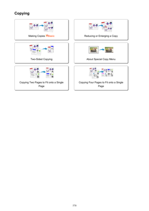 Page 570Copying
Making Copies Basic
 
Reducing or Enlarging a CopyTwo-Sided Copying
 
About Special Copy MenuCopying Two Pages to Fit onto a SinglePage
 
Copying Four Pages to Fit onto a Single Page
570 
