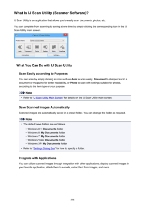 Page 596What Is IJ Scan Utility (Scanner Software)?IJ Scan Utility is an application that allows you to easily scan documents, photos, etc.
You can complete from scanning to saving at one time by simply clicking the corresponding icon in the IJ
Scan Utility main screen.
What You Can Do with IJ Scan Utility
Scan Easily according to Purposes
You can scan by simply clicking an icon such as  Auto to scan easily,  Document to sharpen text in a
document or magazine for better readability, or  Photo to scan with...