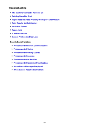 Page 797Troubleshooting
The Machine Cannot Be Powered On
Printing Does Not Start
Paper Does Not Feed Properly/"No Paper" Error Occurs
Print Results Not Satisfactory
Ink Is Not Ejected
Paper Jams
If an Error Occurs
Cannot Print on the Disc Label
Search Each Function
Problems with Network Communication
Problems with Printing
Problems with Printing Quality
Problems with Scanning
Problems with the Machine
Problems with Installation/Downloading
About Errors/Messages Displayed
If You Cannot Resolve the...