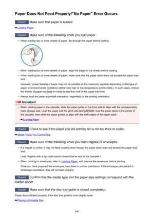 Page 845Paper Does Not Feed Properly/"No Paper" Error Occurs
Check1 Make sure that paper is loaded.
Loading Paper
Check2
 Make sure of the following when you load paper.
•
When loading two or more sheets of paper, flip through the paper before loading.
•
When loading two or more sheets of paper, align the edges of the sheets before loading.
•
When loading two or more sheets of paper, make sure that the paper stack does not exceed the paper load
limit.
However, proper feeding of paper may not be possible...