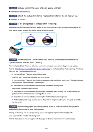 Page 857Check1 Did you confirm the paper and print quality settings?
Print Results Not Satisfactory
Check2 Check the status of ink tanks. Replace the ink tank if the ink has run out.
Replacing an Ink Tank
Check3
 Is the orange tape or protective film remaining?
Make sure that all of the protective film is peeled off and the Y-shape air hole is exposed, as illustrated in (A).
If the orange tape is left as in (B), pull the orange tape and remove it.
Check4  Print the Nozzle Check Pattern and perform any necessary...