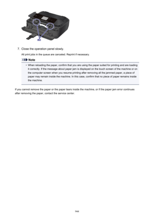 Page 9447.
Close the operation panel slowly.
All print jobs in the queue are canceled. Reprint if necessary.
Note
•
When reloading the paper, confirm that you are using the paper suited for printing and are loading it correctly. If the message about paper jam is displayed on the touch screen of the machine or on
the computer screen when you resume printing after removing all the jammed paper, a piece of
paper may remain inside the machine. In this case, confirm that no piece of paper remains inside
the machine....