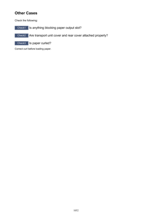 Page 1052Other CasesCheck the following:
Check1  Is anything blocking paper output slot?
Check2 Are transport unit cover and rear cover attached properly?
Check3 Is paper curled?
Correct curl before loading paper.
1052 