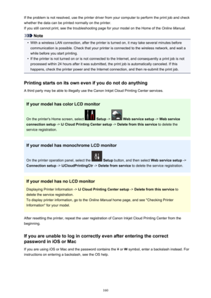 Page 160If the problem is not resolved, use the printer driver from your computer to perform the print job and check
whether the data can be printed normally on the printer.
If you still cannot print, see the troubleshooting page for your model on the Home of the  2QOLQH0DQXDO.
Note
