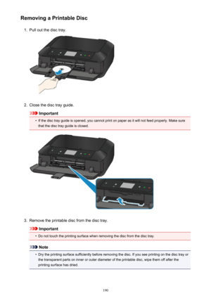 Page 190Removing a Printable Disc1.
Pull out the disc tray.
2.
Close the disc tray guide.
Important
