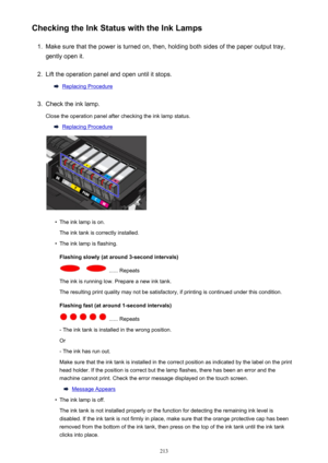 Page 213Checking the Ink Status with the Ink Lamps1.
Make sure that the power is turned on, then, holding both sides of the paper output tray,
gently open it.
2.
Lift the operation panel and open until it stops.
Replacing Procedure
3.
Check the ink lamp.
Close the operation panel after checking the ink lamp status.
Replacing Procedure
