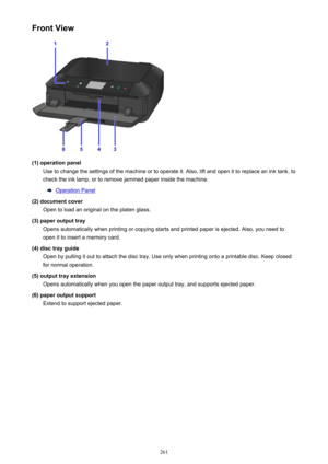 Page 261Front View
(1) operation panelUse to change the settings of the machine or to operate it. Also, lift and open it to replace an ink tank, to
check the ink lamp, or to remove jammed paper inside the machine.
Operation Panel
(2) document cover Open to load an original on the platen glass.
(3) paper output tray Opens automatically when printing or copying starts and printed paper is ejected. Also, you need to
open it to insert a memory card.
(4) disc tray guide Open by pulling it out to attach the disc tray....