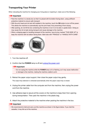 Page 399Transporting Your PrinterWhen relocating the machine for changing your living place or repairing it, make sure of the following.
Important
