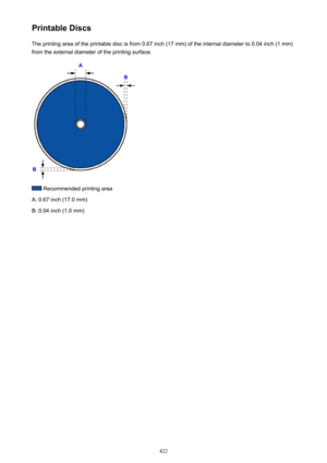 Page 422Printable DiscsThe printing area of the printable disc is from 0.67 inch (17 mm) of the internal diameter to 0.04 inch (1 mm)
from the external diameter of the printing surface.
 Recommended printing area
A: 0.67 inch (17.0 mm)
B: 0.04 inch (1.0 mm)
422 