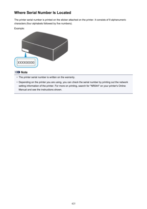 Page 425Where Serial Number Is LocatedThe printer serial number is printed on the sticker attached on the printer. It consists of 9 alphanumeric
characters (four alphabets followed by five numbers).
Example:
Note
