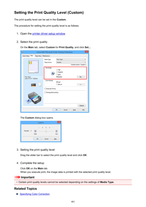 Page 481Setting the Print Quality Level (Custom)The print quality level can be set in the  Custom.
The procedure for setting the print quality level is as follows:1.
Open the printer driver setup window
2.
Select the print quality
On the  Main tab, select  Custom for Print Quality , and click Set....
The Custom  dialog box opens.
3.
Setting the print quality level
Drag the slider bar to select the print quality level and click  OK.
4.
Complete the setup
Click  OK on the  Main tab.
When you execute print, the...