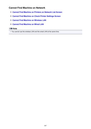 Page 887Cannot Find Machine on Network
Cannot Find Machine on Printers on Network List Screen
Cannot Find Machine on Check Printer Settings Screen
Cannot Find Machine on Wireless LAN
Cannot Find Machine on Wired LAN
Note
