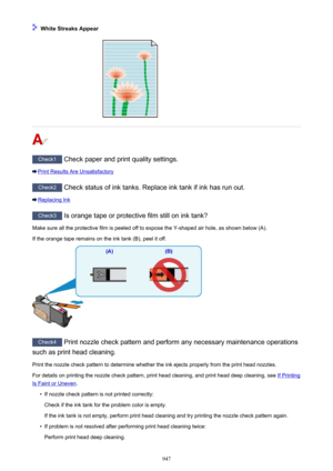 Page 947 White Streaks Appear
Check1 Check paper and print quality settings.
Print Results Are Unsatisfactory
Check2 Check status of ink tanks. Replace ink tank if ink has run out.
Replacing Ink
Check3 Is orange tape or protective film still on ink tank?
Make sure all the protective film is peeled off to expose the Y-shaped air hole, as shown below (A).
If the orange tape remains on the ink tank (B), peel it off.
Check4  Print nozzle check pattern and perform any necessary maintenance operations
such as print...