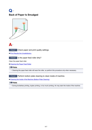 Page 957Back of Paper Is Smudged
Check1 Check paper and print quality settings.
Print Results Are Unsatisfactory
Check2  Is the paper feed roller dirty?
Clean the paper feed roller.
Cleaning the Paper Feed Roller
Note
