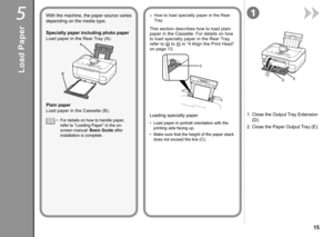 Page 17
51
A
B
C
DE

Load Paper
1. Close the Output Tray Extension 
(D).
2.  Close the Paper Output Tray (E).
With the machine, the paper source varies 
depending on the media type.
Load paper in the Rear Tray (A).
Plain paper
Specialty paper including photo paper
Load paper in the Cassette (B).
How to load specialty paper in the Rear 
Tray
□
This section describes how to load plain 
paper in the Cassette. For details on how 
to load specialty paper in the Rear Tray, 
refer to  to  in “4 Align the...