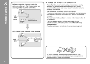 Page 26
8

An “Ad-hoc connection,” which establishes a direct connection to t\
he 
computer over a wireless connection without using an access point, is no\
t 
supported. Be sure to prepare an access point.
N o t e s   o n   W i r e l e s s   C o n n e c t i o n■
The	configuration,	router	functions,	setup	procedures	and	security	
settings of the network device vary depending on your system 
environment. For details, refer to your device’s instruction manual or 
contact its manufacturer.
In	an	office...