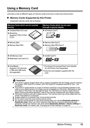 Page 1715 Before Printing
Using a Memory Card
Lets take a look at different types of memory cards and how to insert and remove them.
