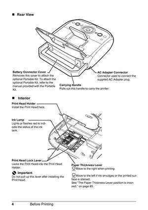 Page 64Before Printing
Battery Connector Cover
Removes this cover to attach the 
optional Portable Kit. To attach the 
optional Portable Kit, refer to the 
manual provided with the Portable 
Kit.
