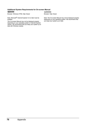 Page 8078Appendix
Additional System Requirements for On-screen Manual
Browser: Windows HTML Help Viewer
Note: Microsoft
® Internet Explorer 5.0 or later must be 
installed.
The On-screen Manual may not be displayed properly 
depending on your operating system or Internet Explorer 
version. We recommend that you keep your system up to 
date with Windows Update.Browser: Help Viewer
Note: The On-screen Manual may not be displayed properly 
depending on your operating system. We recommend that 
you keep your system...