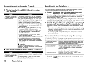Page 4340Troubleshooting
Cannot Connect to Computer Properly
„Printing Speed Is Slow/USB2.0 Hi-Speed Connection 
Does Not Work
„ “This device can perform faster” Message Is Displayed
Print Results Not Satisfactory
If the print result is not satisfactory such as white streaks, misaligned lines, and 
uneven colors, confirm the paper and print quality settings first.
z Check 1:  Do the page size and media type settings match 
the size and type of the loaded paper?
When these settings are incorrect, you cannot...