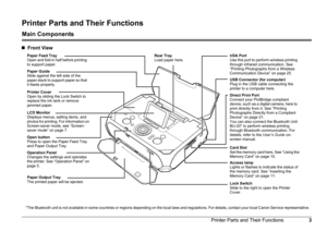 Page 63
Printer Parts and Their Functions
Printer Parts and Their Functions
Main Components
Printer Cover
Open by sliding the Lock Switch to 
replace the ink tank or remove 
jammed paper.
„ Front View
Paper Feed Tray
Open and fold in half before printing 
to support paper.
Paper Guide
Slide against the left side of the 
paper stack to support paper so that 
it feeds properly.
Operation Panel
Changes the settings and operates 
the printer. See “Operation Panel” on 
page 5. Card Slot
Set the memory card here....