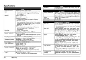 Page 5148Appendix
Specifications
Printer
Printing resolution 
(dpi) 9600 (horizontal)
* × 2400 (vertical)
* Ink droplets can be placed with a horizontal pitch of 1/
9600 inch at minimum. Supported only when printing 
with a computer. 
Interface USB 2.0 High Speed *1
IrDA ver.1.2 *2
Bluetooth 1.2 (Option) *2 *3
*1 A computer that complies with USB 2.0 Hi-Speed 
standard is required.
Since the USB 2.0 Hi-Speed interface is fully upwardly 
compatible with USB Full-Speed (USB 1.1), it can be 
used at USB Full-Speed...