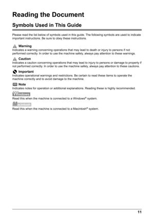 Page 1311
Reading the Document
Symbols Used in This Guide
Please read the list below of symbols used in this guide. The following symbols are used to indicate 
important instructions. Be sure to obey these instructions.
Warning
Indicates a warning concerning operations that may lead to death or injury to persons if not 
performed correctly. In order to use the machine safely, always pay attention to these warnings. 
Caution
Indicates a caution concerning operations that may lead to injury to persons or damage...