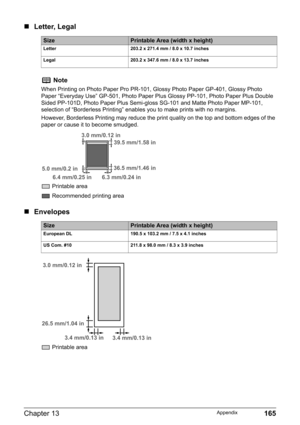 Page 167Chapter 13 165Appendix
„Letter, Legal
„Envelopes
SizePrintable Area (width x height)
Letter 203.2 x 271.4 mm / 8.0 x 10.7 inches
Legal 203.2 x 347.6 mm / 8.0 x 13.7 inches
Note
When Printing on Photo Paper Pro PR-101, Glossy Photo Paper GP-401, Glossy Photo 
Paper “Everyday Use” GP-501, Photo Paper Plus Glossy PP-101, Photo Paper Plus Double 
Sided PP-101D, Photo Paper Plus Semi-gloss SG-101 and Matte Photo Paper MP-101, 
selection of “Borderless Printing” enables you to make prints with no margins....