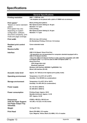 Page 171Chapter 13 169Appendix
Specifications
General Specifications
Printing resolution9600 * x 2400 dpi. max.
* Ink droplets can be placed with a pitch of 1/9600 inch at minimum.
Print speed *
*Based on Canon standard 
pattern.
Print speed may vary 
depending on system 
configuration, software, 
document complexity, print 
mode and page coverage.Black printing (text pattern)
Max Speed (Custom Setting 5): 30 ppm
Standard: 15.1 ppm
Color printing 
Max Speed (Custom Setting 5): 24 ppm
Standard: 11.7 ppm
Print...