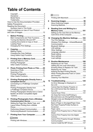 Page 3Table of Contents
1
Copyright ........................................................ 3
Disclaimer ....................................................... 3
Model Name ................................................... 3
Trademarks..................................................... 4
How to Use the Documentation Provided......... 5
Safety Precautions ........................................... 6
Reading the Document ................................... 11
Symbols Used in This Guide...