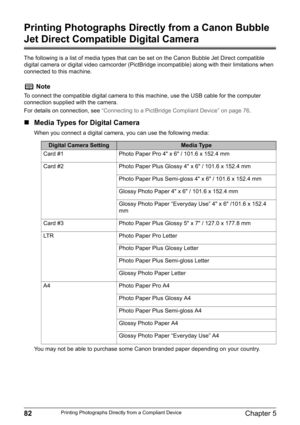 Page 8482Chapter 5Printing Photographs Directly from a Compliant Device
Printing Photographs Directly from a Canon Bubble 
Jet Direct Compatible Digital Camera
The following is a list of media types that can be set on the Canon Bubble Jet Direct compatible 
digital camera or digital video camcorder (PictBridge incompatible) along with their limitations when 
connected to this machine.
„Media Types for Digital Camera
When you connect a digital camera, you can use the following media:
You may not be able to...