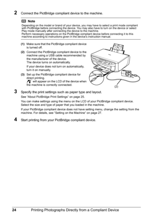 Page 2824Printing Photographs Directl y from a Compliant Device
2Connect the PictBridge compliant device to the machine.
(1)Make sure that the PictBridge compliant device 
is turned off.
(2) Connect the PictBridge compliant device to the 
machine using a USB cable recommended by 
the manufacturer of the device.
The device turns on automatically.
If your device does not turn on automatically, 
turn it on manually.
(3) Set up the PictBridge compliant device for 
direct printing.
 will appear on the LCD of the...