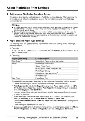 Page 2925
Printing Photographs Direct ly from a Compliant Device
About PictBridge Print Settings
„Settings on a PictBridge Compliant Device
This section describes the print settings on a  PictBridge compliant device. When operating the 
device, be sure to follow the instructions giv en in the instruction manual of your PictBridge 
compliant device.
z Paper Size and Paper Type Settings
The following sizes and types of printing paper  can be used when printing from a PictBridge 
compliant device.
z Paper size
4 x...