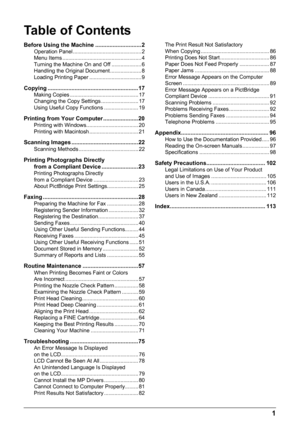 Page 5Table of Contents
1
Before Using the Machine ............................. 2Operation Panel .............................................. 2
Menu Items ..................................................... 4
Turning the Machine On and Off .................... 6
Handling the Original Document ..................... 8
Loading Printing Paper ................................... 9
Copying ......................................................... 17Making Copies .................................................