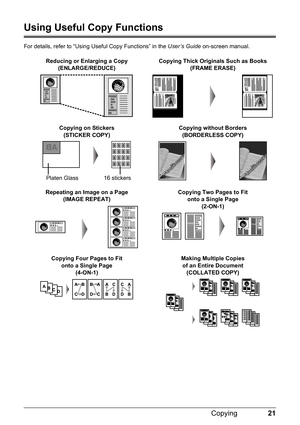 Page 2521 Copying
Using Useful Copy Functions
For details, refer to “Using Useful Copy Functions” in the User’s Guide on-screen manual.
Reducing or Enlarging a Copy
(ENLARGE/REDUCE)Copying Thick Originals Such as Books
(FRAME ERASE)
Copying on Stickers
(STICKER COPY)Copying without Borders
(BORDERLESS COPY)
Repeating an Image on a Page
(IMAGE REPEAT)Copying Two Pages to Fit 
onto a Single Page
(2-ON-1)
Copying Four Pages to Fit 
onto a Single Page
(4-ON-1)Making Multiple Copies 
of an Entire Document
(COLLATED...