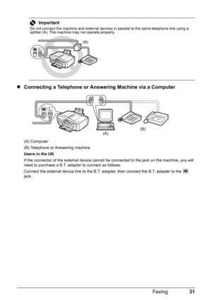 Page 3531 Faxing
zConnecting a Telephone or Answering Machine via a Computer
(A) Computer
(B) Telephone or Answering machine
Users in the UK
If the connector of the external device cannot be connected to the jack on the machine, you will 
need to purchase a B.T. adapter to connect as follows:
Connect the external device line to the B.T. adapter, then connect the B.T. adapter to the   
jack.
Important
Do not connect the machine and external devices in parallel to the same telephone line using a 
splitter (A)....