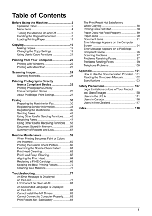 Page 5Table of Contents
1
Before Using the Machine ............................. 2Operation Panel .............................................. 2
Menu Items ..................................................... 4
Turning the Machine On and Off .................... 6
Handling the Original Document ..................... 8
Loading Printing Paper ................................. 11
Copying ......................................................... 19Making Copies .............................................. 19...