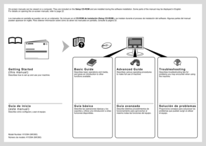 Page 2
Los manuales en pantalla se pueden ver en un ordenador. Se incluyen en el CD-ROM de instalación (Setup CD-ROM) y se instalan durante el proceso de instalación del software. Algunas partes del manual pueden aparecer en inglés. Para obtener información sobre cómo se abren los manuales en pantalla, consulte la página 22.
Describe cómo configurar y usar el equipo.
G u í a   d e   i n i c i o 
( e s t e   m a n u a l )Describe las operaciones básicas y los soportes y ofrece una introducción a otras funciones...