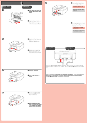 Page 3
3

1

2

1

2

4

5

1

2

3

Inserte el papel con la cara imprimible hacia abajo hasta que se detenga. Cuando use papel fotográfico, 
deberá ajustar la configuración del equipo al tipo y al tamaño del soporte. Para obtener más detalles, 
consulte el Manual en pantalla que se instalará posteriormente.
Configuración 
para papel normal
C a r g a r   p a p e l 
f o t o g r á f i c o
Asegúrese de que la bandeja de 
salida del papel (Paper Output 
Tray) está cerrada y extraiga el 
soporte del papel (Paper...