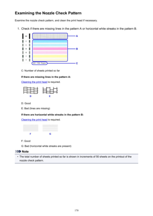 Page 170Examining the Nozzle Check PatternExamine the nozzle check pattern, and clean the print head if necessary.1.
Check if there are missing lines in the pattern A or horizontal white streaks in the pattern B.
C: Number of sheets printed so far
If there are missing lines in the pattern A:
Cleaning the print head  is required.
D: Good
E: Bad (lines are missing)
If there are horizontal white streaks in the pattern B:
Cleaning the print head  is required.
F: Good
G: Bad (horizontal white streaks are present)...