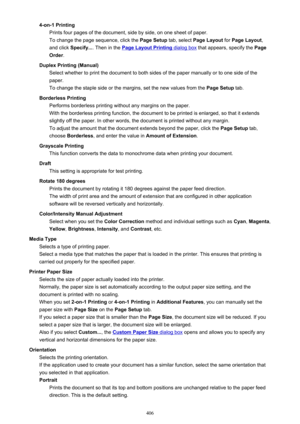 Page 4064-on-1 PrintingPrints four pages of the document, side by side, on one sheet of paper.
To change the page sequence, click the  Page Setup tab, select Page Layout  for Page Layout ,
and click  Specify... . Then in the 
Page Layout Printing dialog box  that appears, specify the  Page
Order .
Duplex Printing (Manual) Select whether to print the document to both sides of the paper manually or to one side of the
paper.
To change the staple side or the margins, set the new values from the  Page Setup tab....