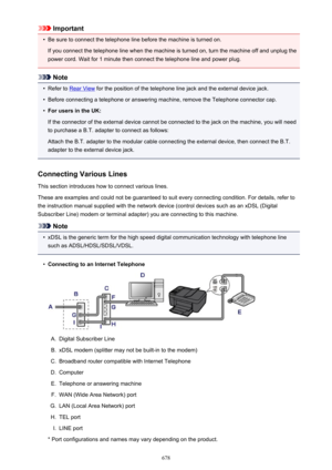 Page 678Important•
Be sure to connect the telephone line before the machine is turned on.
If you connect the telephone line when the machine is turned on, turn the machine off and unplug the power cord. Wait for 1 minute then connect the telephone line and power plug.
Note
•
Refer to Rear View  for the position of the telephone line jack and the external device jack.
•
Before connecting a telephone or answering machine, remove the Telephone connector cap.
•
For users in the UK:
If the connector of the external...