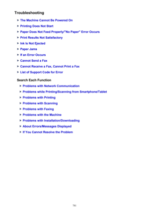 Page 781Troubleshooting
The Machine Cannot Be Powered On
Printing Does Not Start
Paper Does Not Feed Properly/"No Paper" Error Occurs
Print Results Not Satisfactory
Ink Is Not Ejected
Paper Jams
If an Error Occurs
Cannot Send a Fax
Cannot Receive a Fax, Cannot Print a Fax
List of Support Code for Error
Search Each Function
Problems with Network Communication
Problems while Printing/Scanning from Smartphone/Tablet
Problems with Printing
Problems with Scanning
Problems with Faxing
Problems with the...